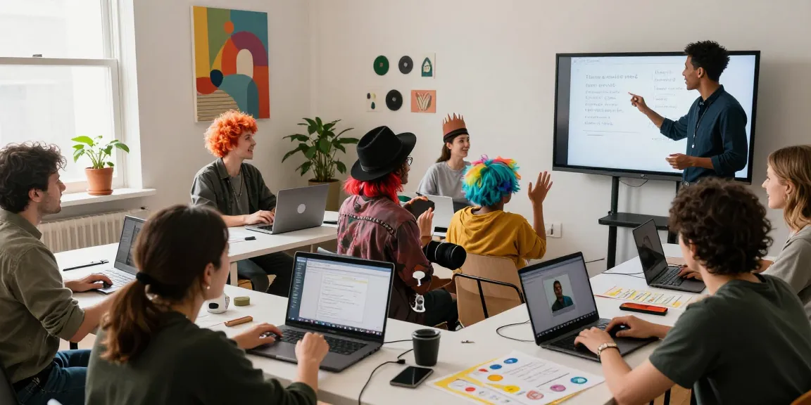 Engaging online improv classes online with diverse participants enjoying interactive activities and creative props in a warm home setting.