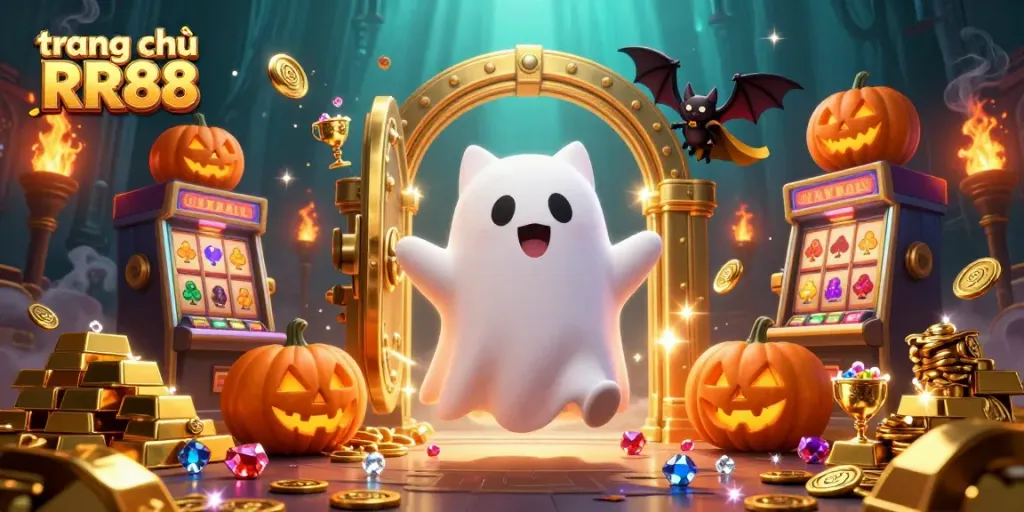 Experience the haunted allure of trang chủ RR88 with a ghost cat and dynamic treasure scene.