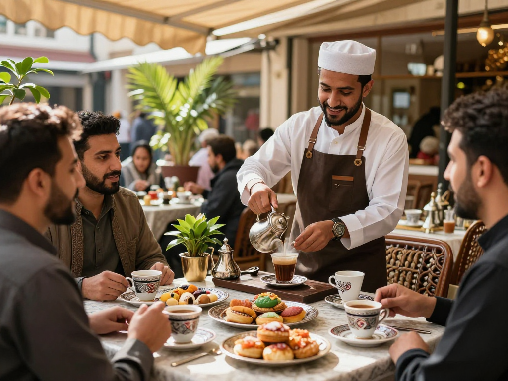قهوجيين يتناولون القهوة في مقهى جميل مع أجواء دافئة