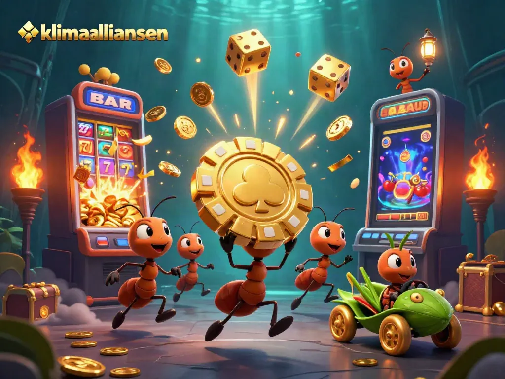 Engaging scene depicting klimaalliansen with ants heisting a giant poker chip amid a casino jackpot explosion.
