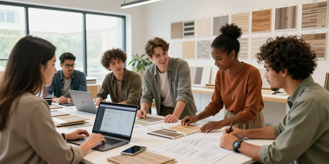 Flooring business software showcased in a modern workspace with professionals collaborating on design plans.