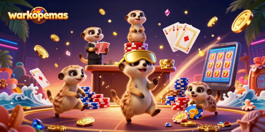 Warkopemas menghadirkan kasino yang meriah dengan meerkat menjalankan operasi, dikelilingi chip dan koin.