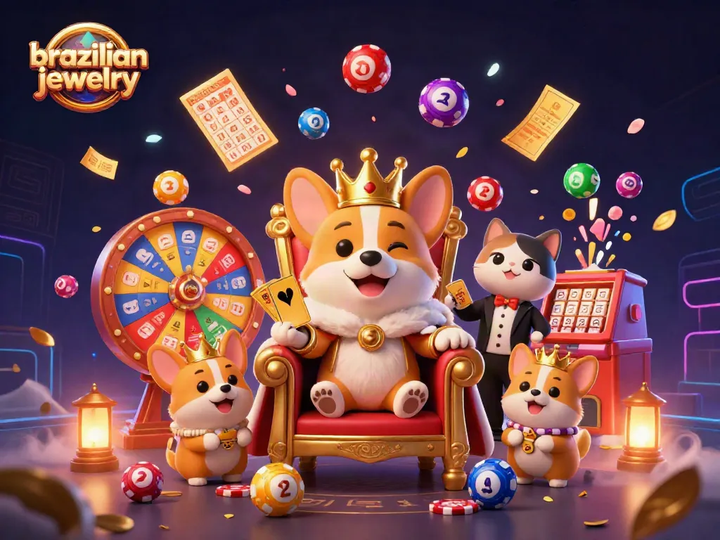 Experience vibrant brazilian jewelry surrounded by lively gambling elements, featuring playful royal corgi characters.