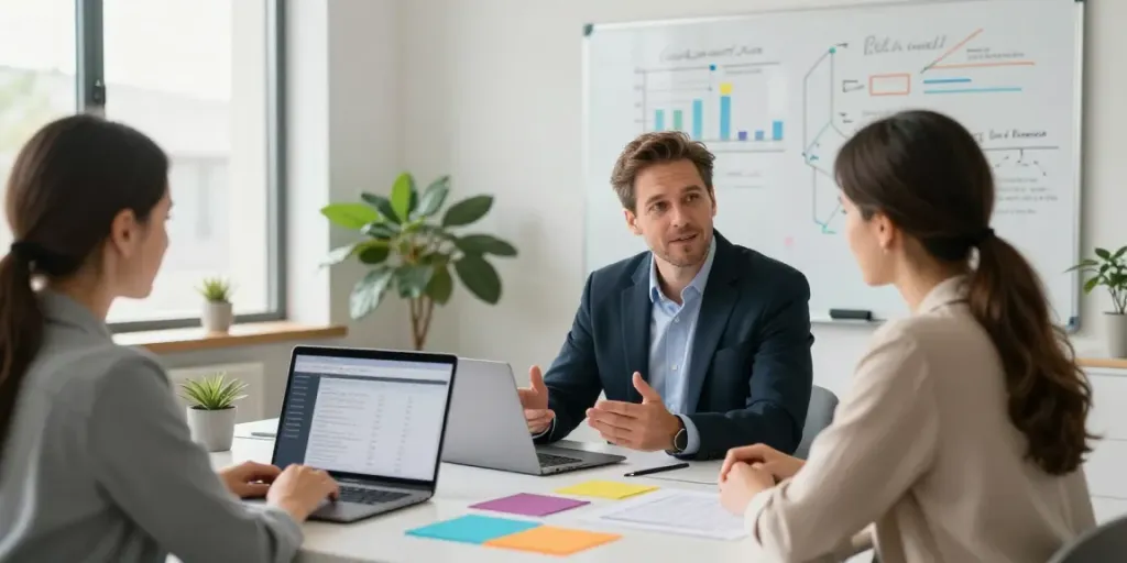 Ed Rempel advising a young couple on financial strategies in a modern office setting.