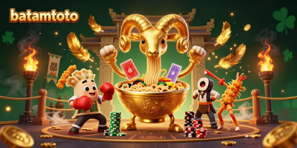 Engaging 'batamtoto' 3D illustration featuring a golden ramen bowl character dealing cards and chips in an energetic casino scene.