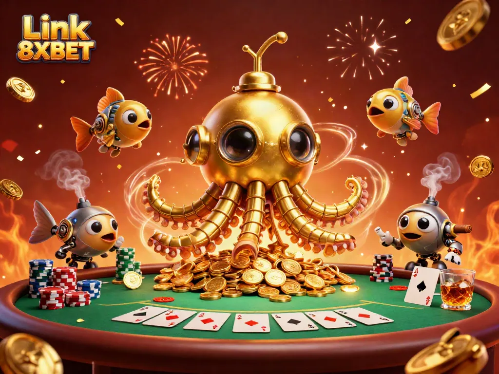 Engage with Link 8XBET in an extravagant casino scene featuring a golden kraken and poker elements.