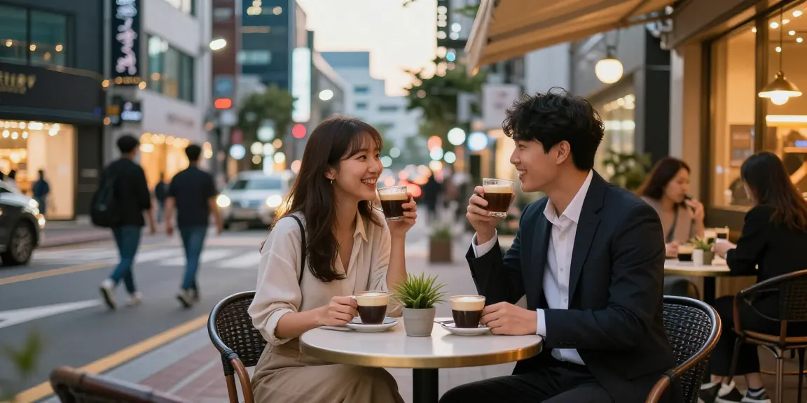 Young couple enjoying 서울출장안마 at a trendy Seoul café, capturing the vibrant urban lifestyle.