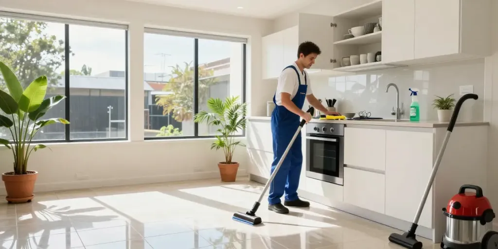 End of lease cleaning in Melbourne, professional cleaner working in a bright kitchen, showcasing meticulous attention to detail.
