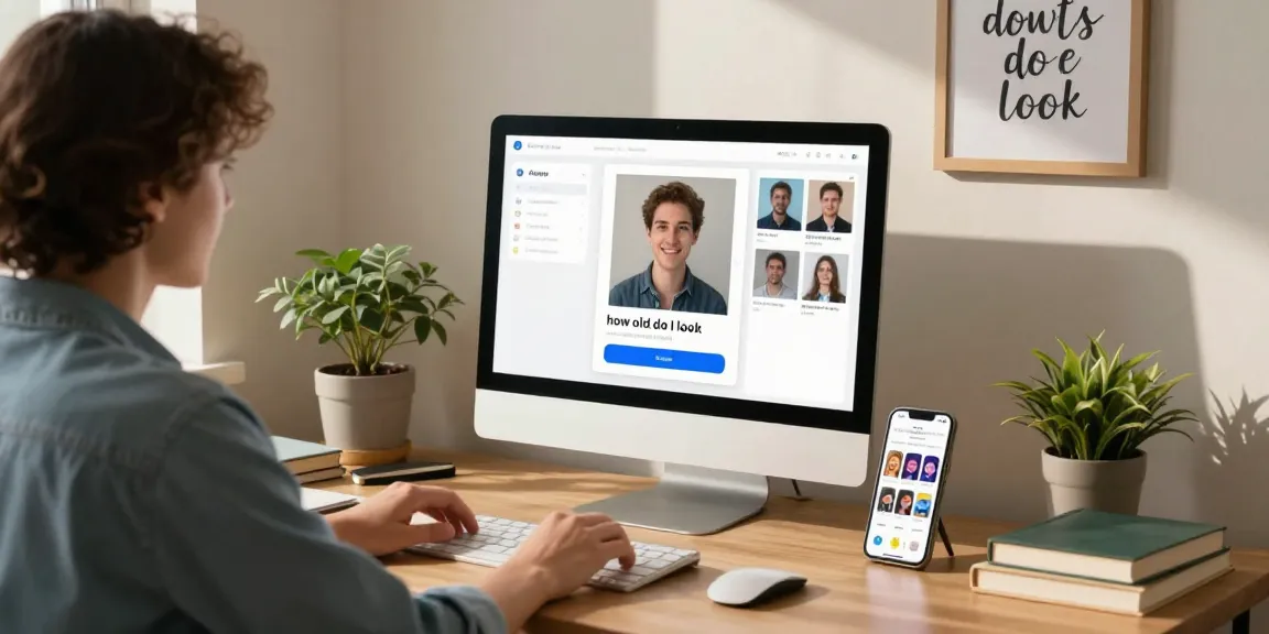 User engaging with a computer to find out how old do I look using AI technology in a warm home office.