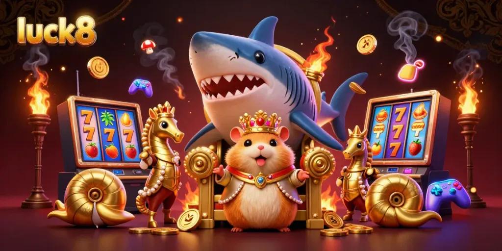 Engage with the excitement of luck8 in a vibrant casino scene featuring a hamster king and seahorse guards.
