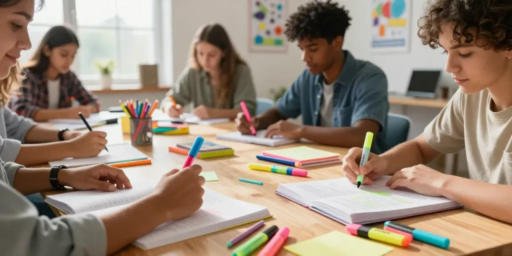Vibrant stationery workspace with diverse students using highlighter pens, including erasable and macarons colors, reflecting a dynamic learning environment.