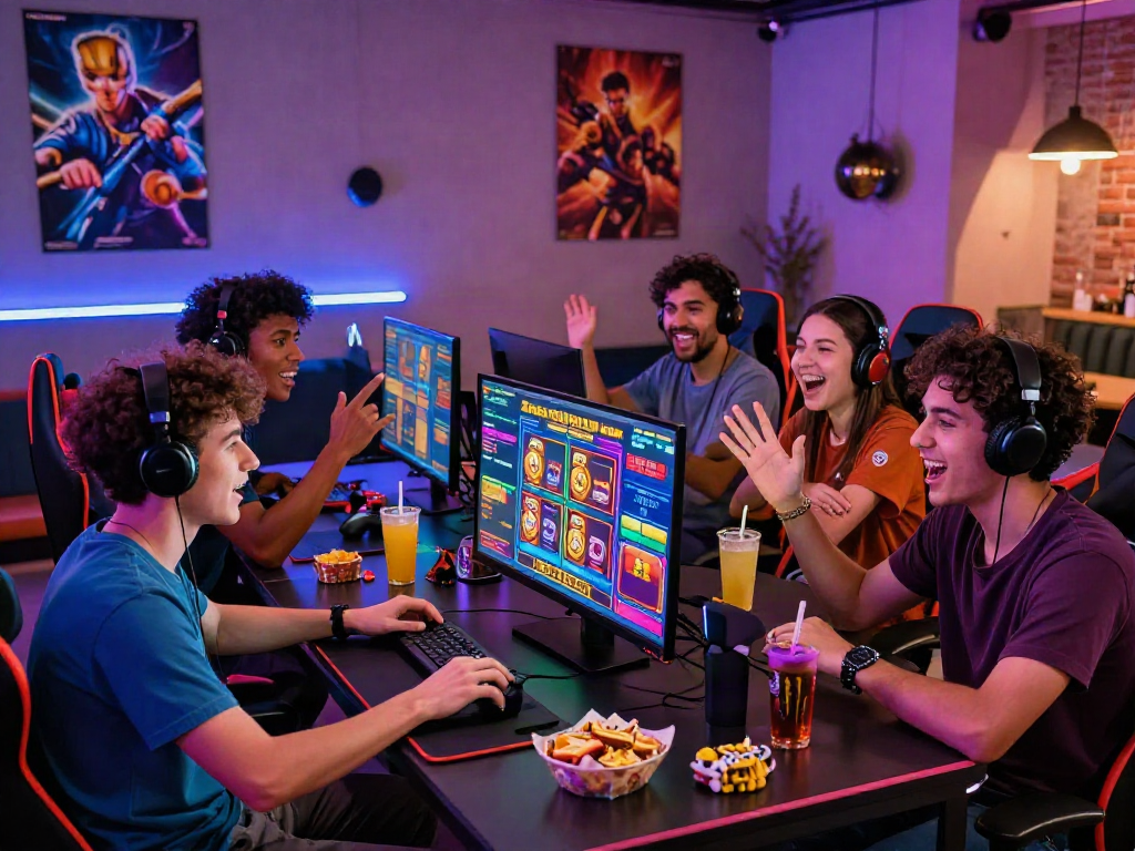 Exciting bandar slot gaming scene with friends in a vibrant setting.