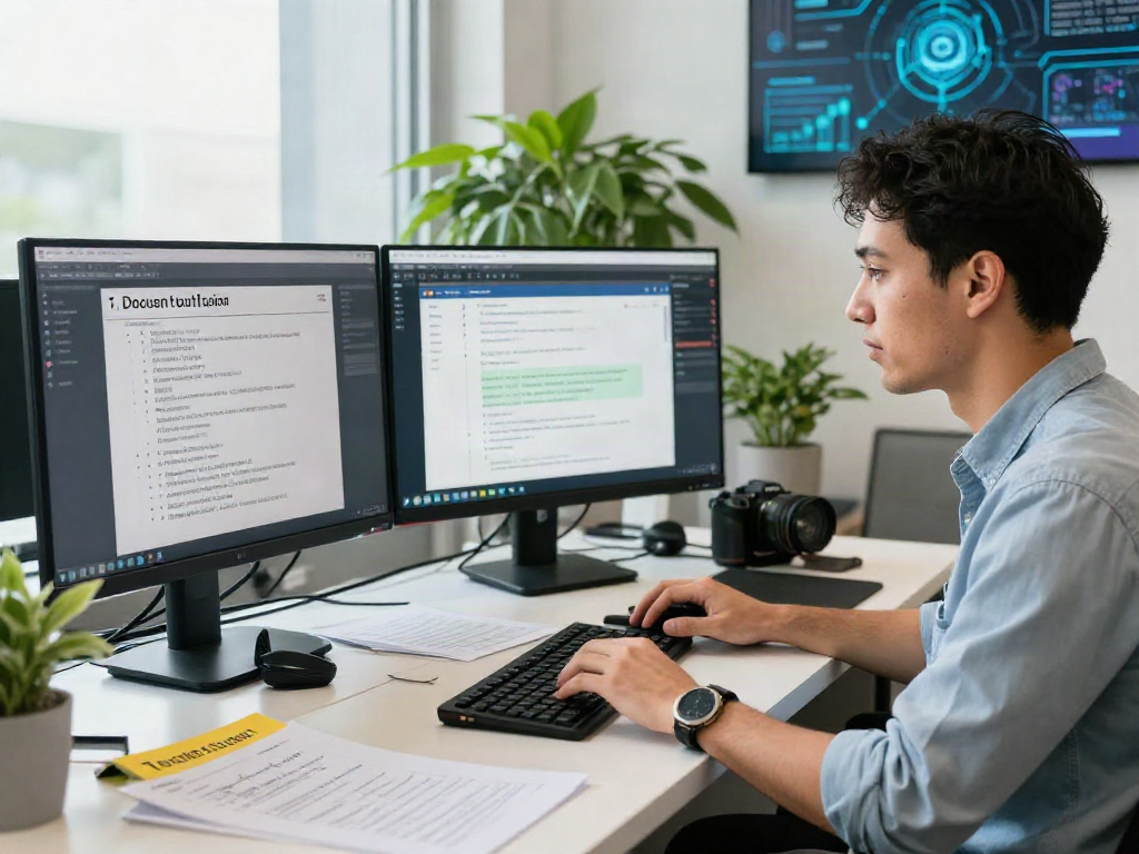 Document fraud detection solution in action with data scientist analyzing digital documents and algorithms in a modern office.