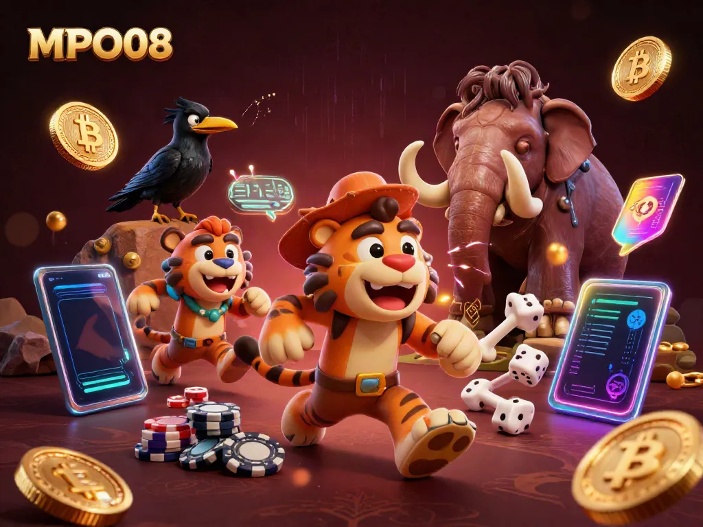 Experience the vibrant gaming world of MPO08 as prehistoric characters engage in a dynamic casino scene.