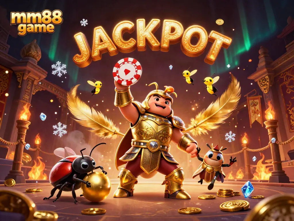 Experience the thrill of the mm88 game with a victorious hercules beetle and dazzling jackpot fireworks.