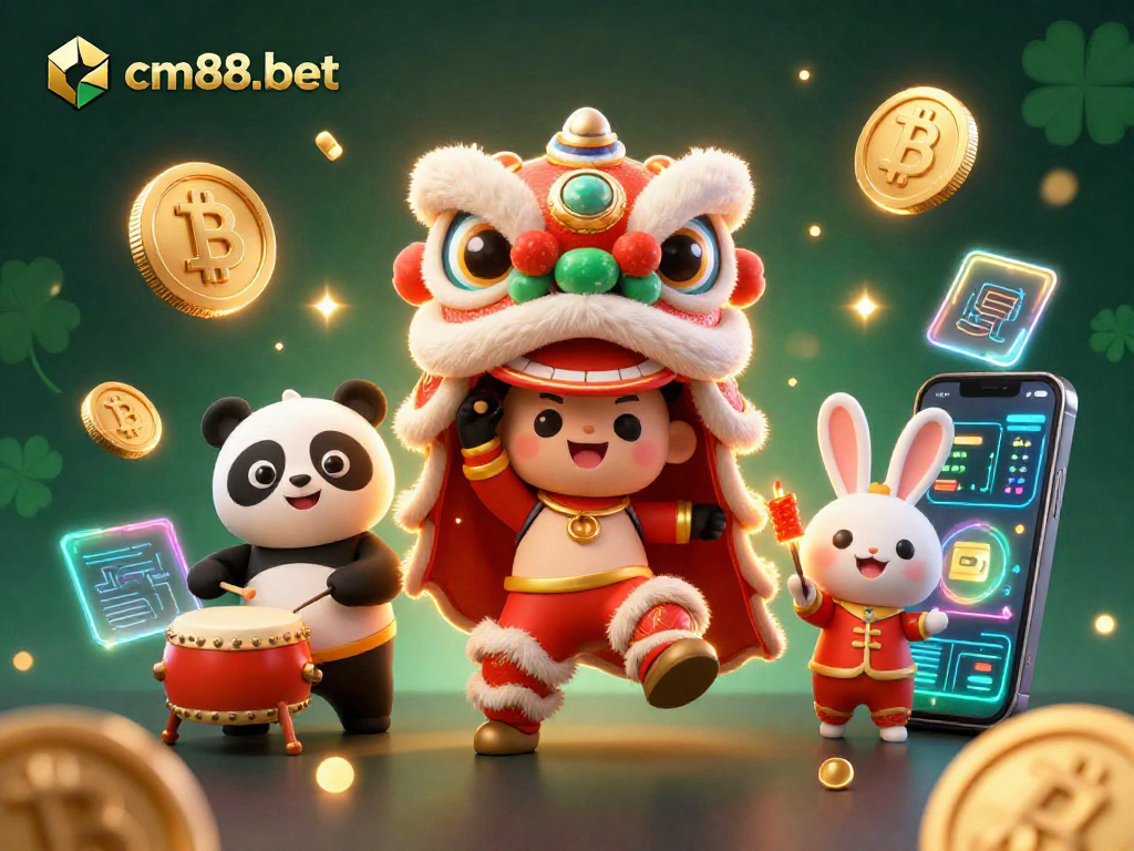 Engage with cm88-bet’s vibrant online casino scene featuring a lively lion dance and cryptocurrencies.