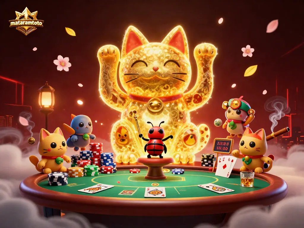 Witness the vibrant mataramtoto scene with a golden cat and poker elements in a dynamic casino setting.