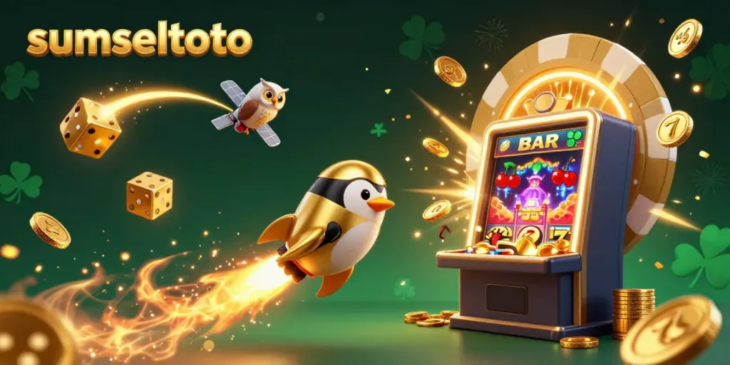Sumseltoto's golden penguin rocket launches to a casino space station, surrounded by colorful slot symbols.
