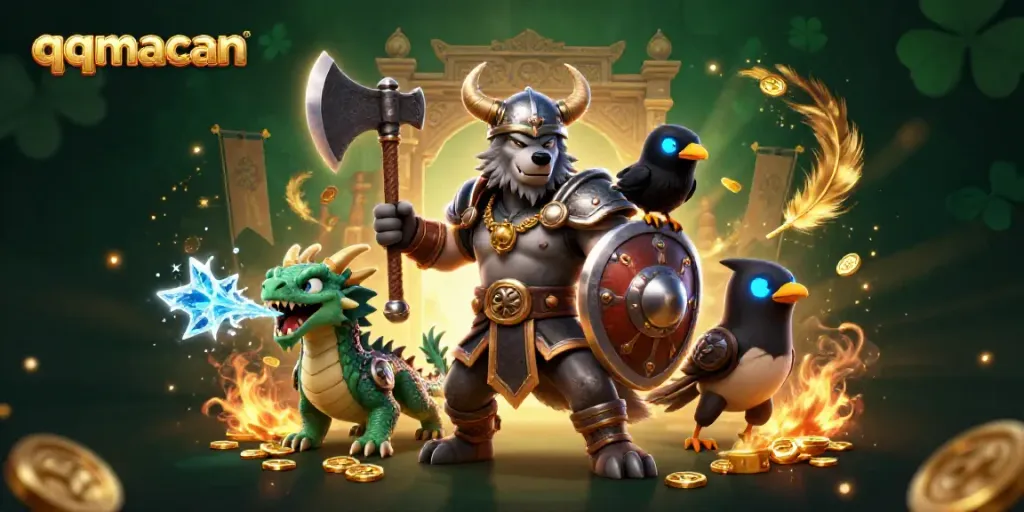 Experience the thrill of qqmacan with a Viking wolf warrior, dragon, and casino elements in an epic scene.