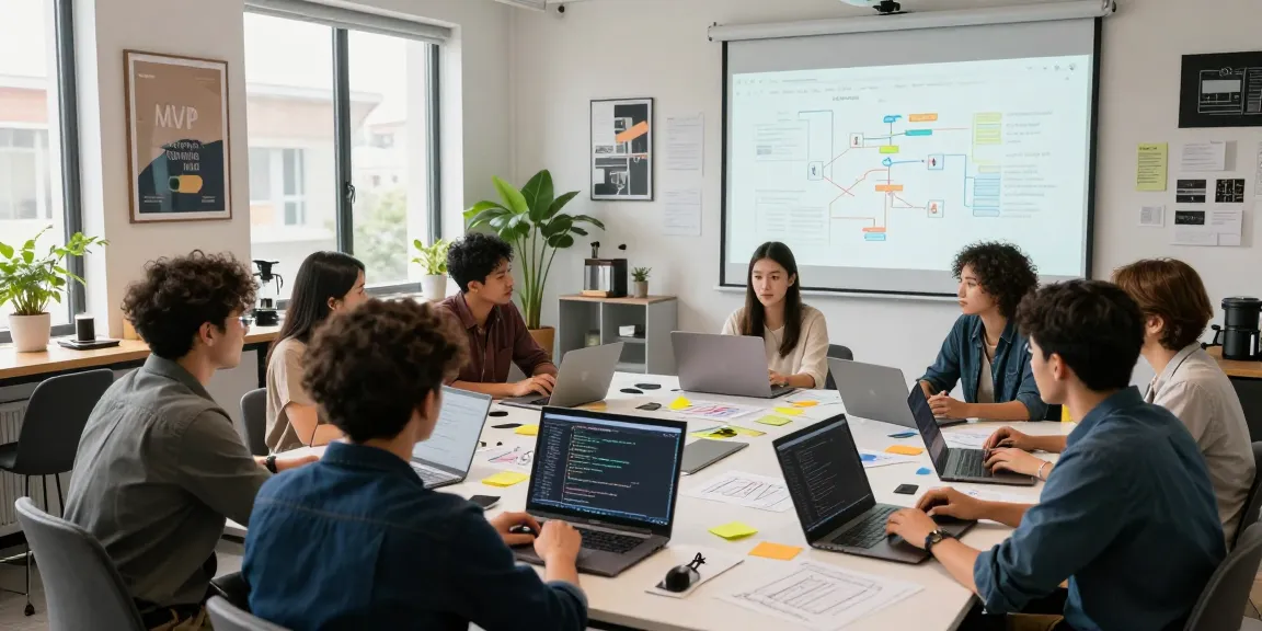 MVP development service in action as a diverse team collaborates on software prototypes and user interface designs, showcasing innovation.