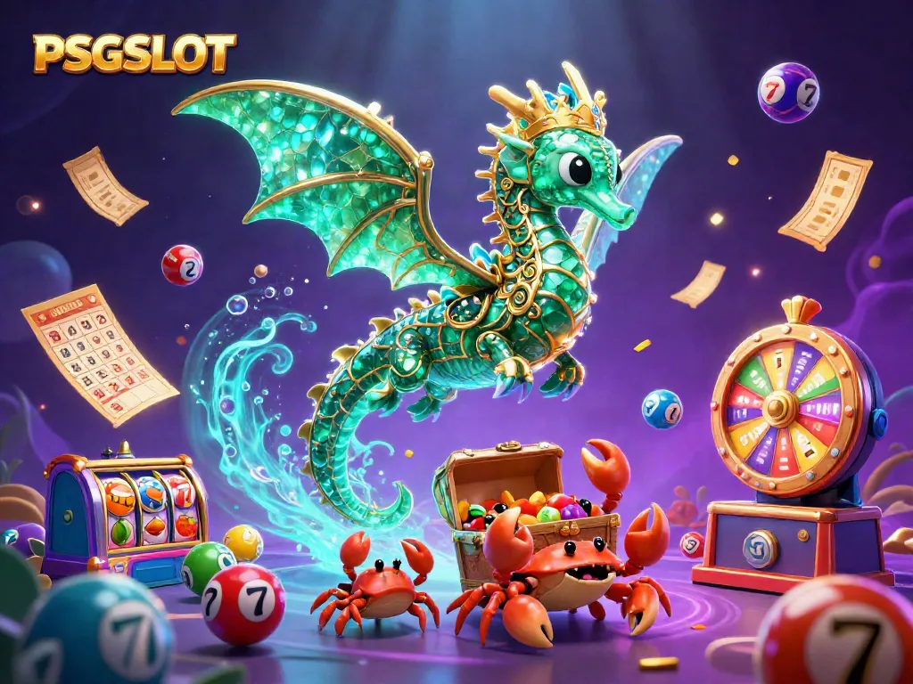 Experience winning moments with PSGSLOT’s slot reels and colorful lottery elements in a vibrant illustration.