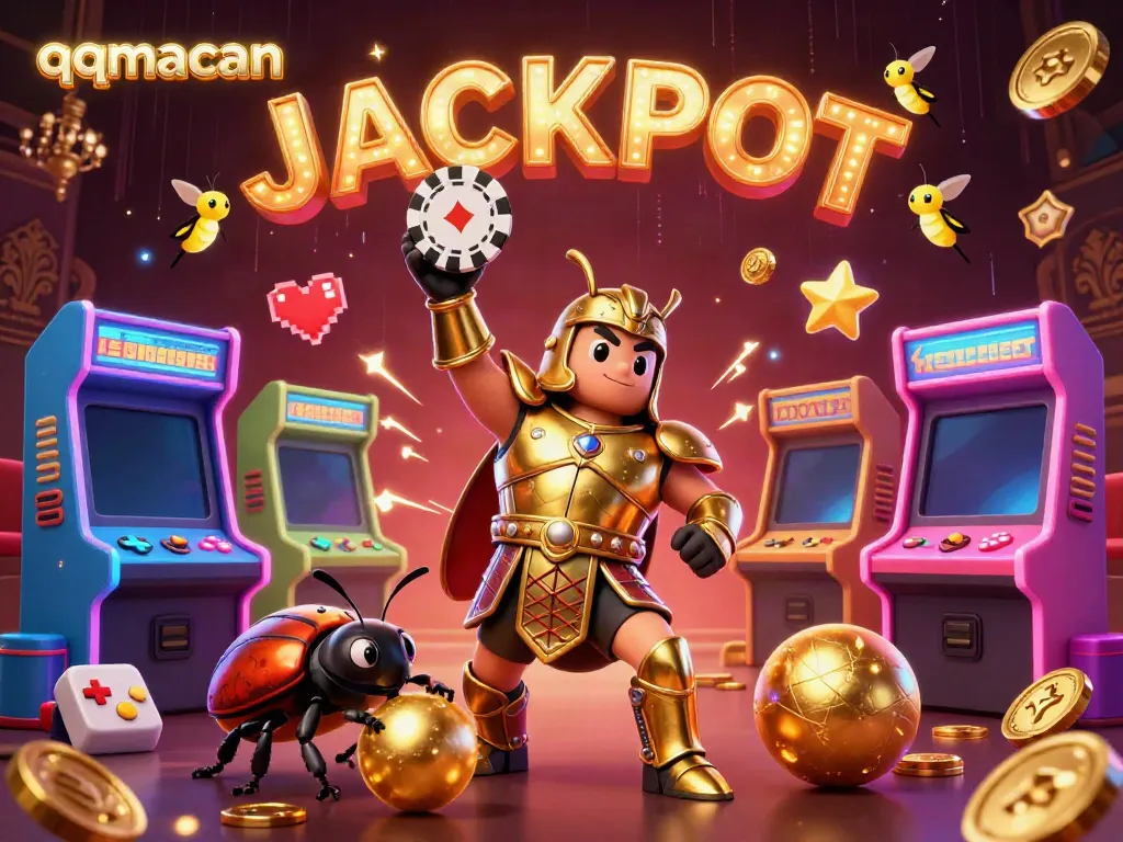 Experience thrilling wins in qqmacan with vibrant characters and arcade elements in a dynamic casino atmosphere.