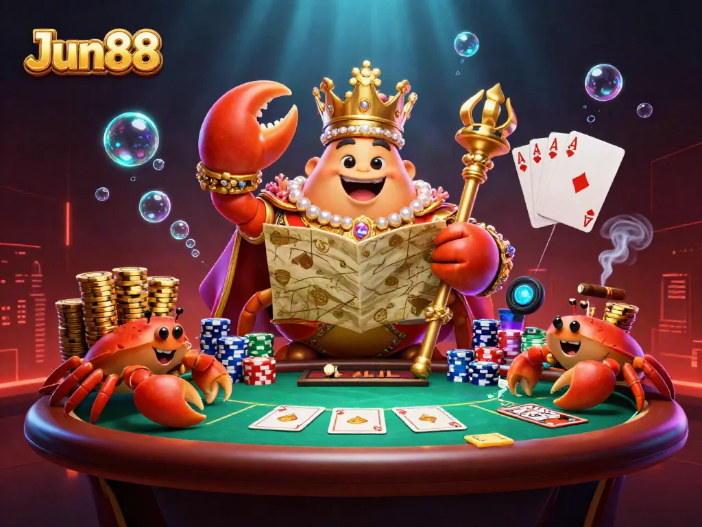 Engage in thrilling gameplay at Jun88, featuring a golden crab emperor and poker elements in a vibrant casino scene.