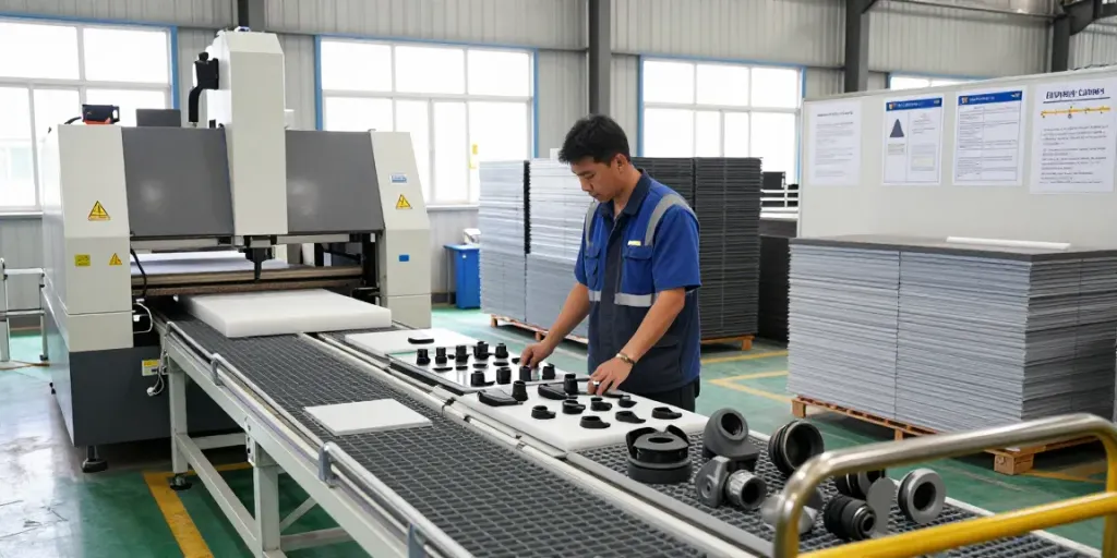 Engineered Composites GRP products in an advanced manufacturing facility with a technician inspecting quality.