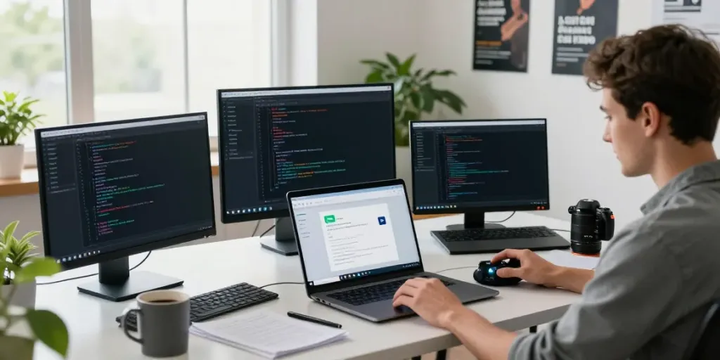 Developer reviewing 2113 Apps in a modern tech workspace with multiple screens.