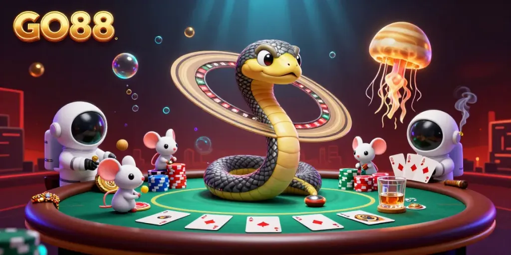 Engage in cosmic roulette with GO88, featuring a Saturn snake and astronaut mice betting on rings.