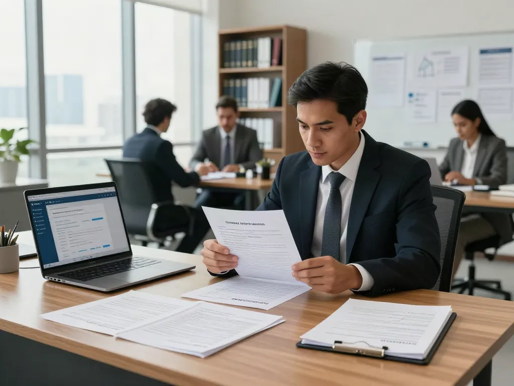 Insurance Dispute Resolution in Dubai: Legal expert reviewing essential insurance documents in a modern office.