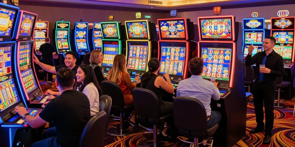 Players enjoying colorful slot machines in an exciting casino atmosphere filled with gaming excitement.