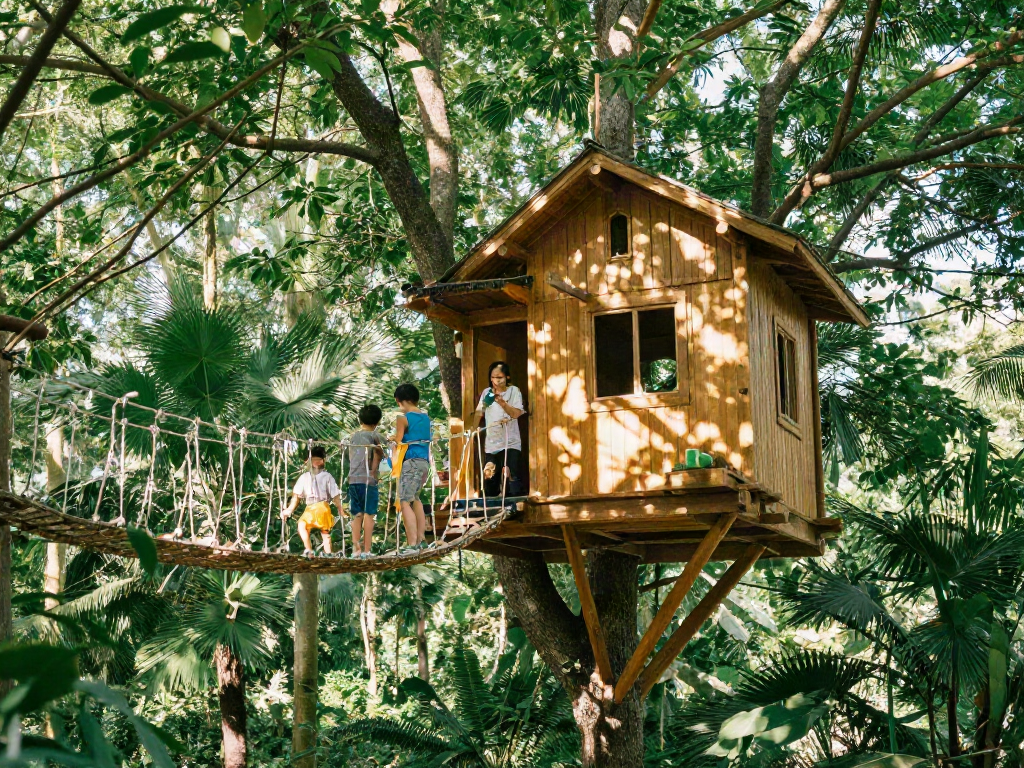 Engaging tree house life scene showcasing family bonding while building a rope bridge in a serene forest environment.