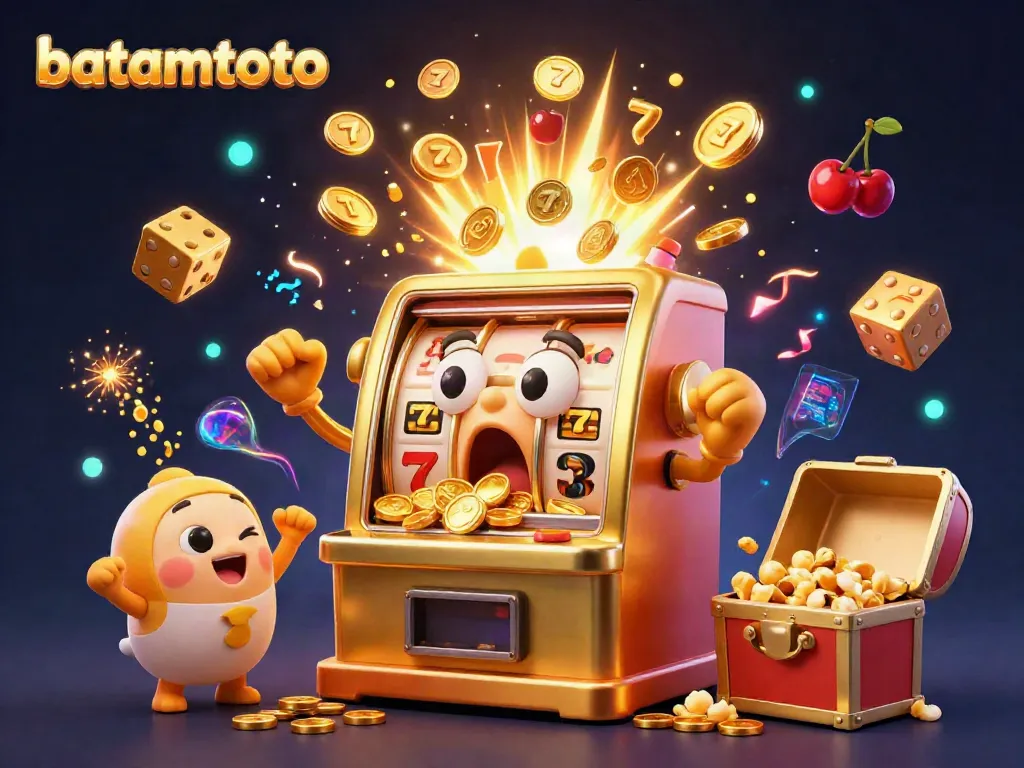 Experience batamtoto's thrilling jackpot scene with a cartoon slot machine, gold coins, and vibrant effects.