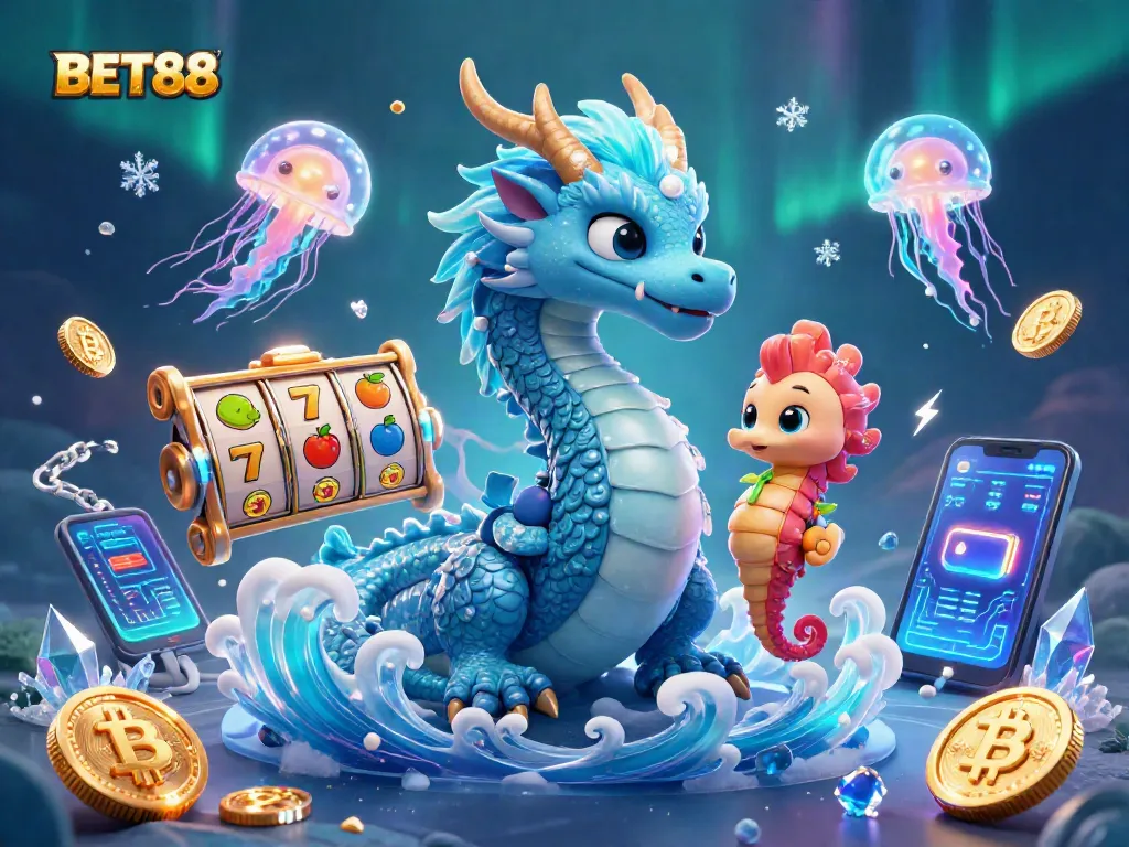 Trải nghiệm cá cược BET88 với những biểu tượng jackpot, rồng nước và seahorse kỵ sĩ trong cảnh 3D