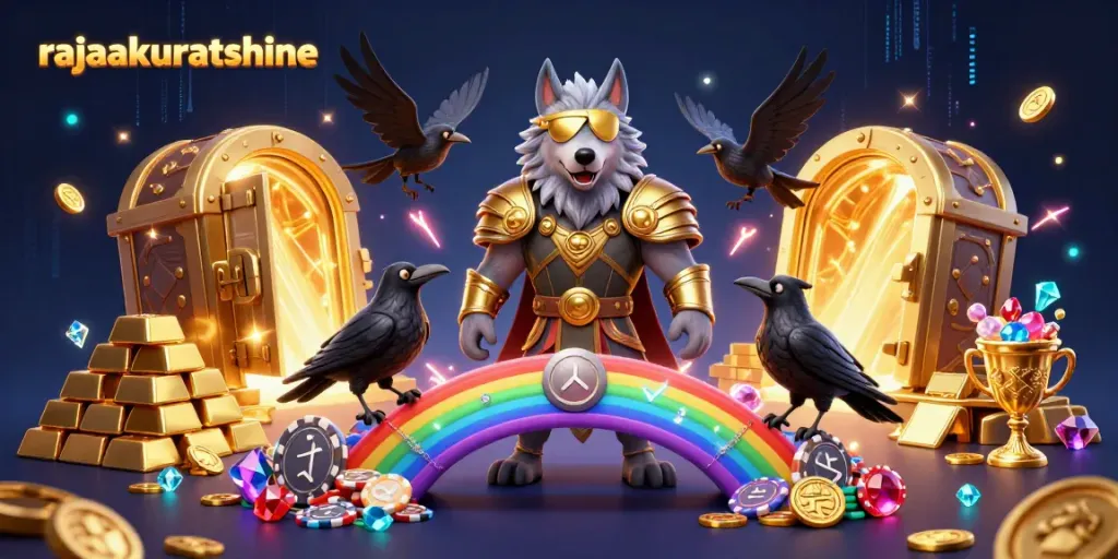 Experience the thrilling world of rajaakuratshine with this vibrant casino-inspired illustration featuring Odin and his ravens surrounded by treasures.
