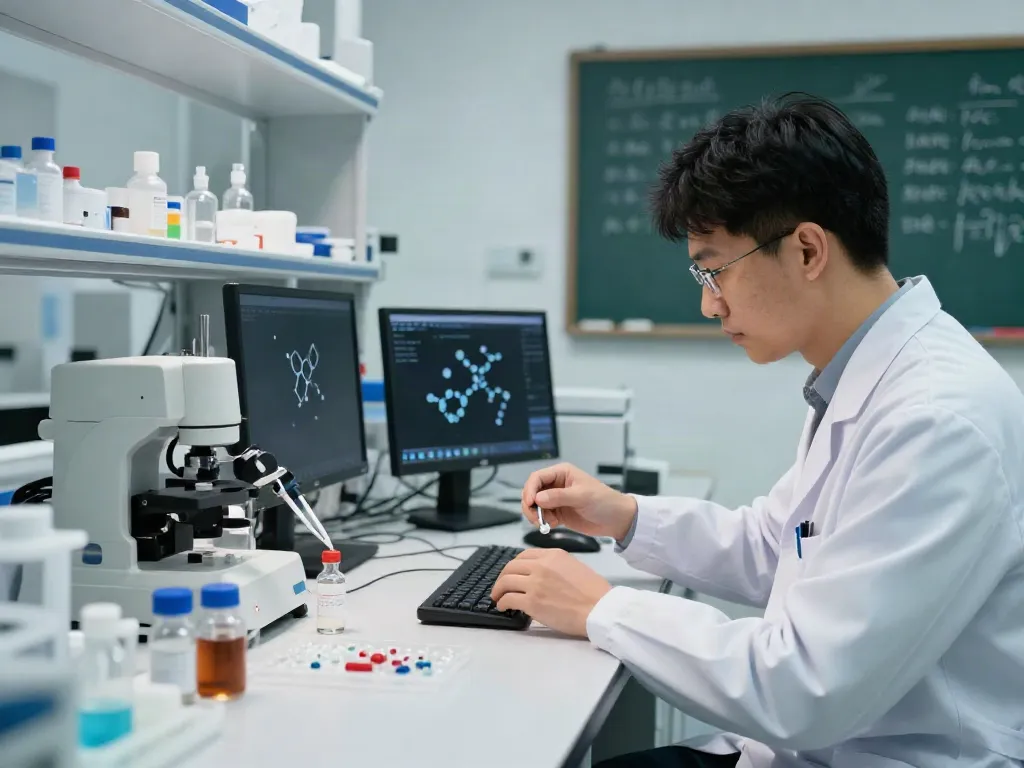 Scientist examining peptide samples at a lab bench, showcasing peptide price research.