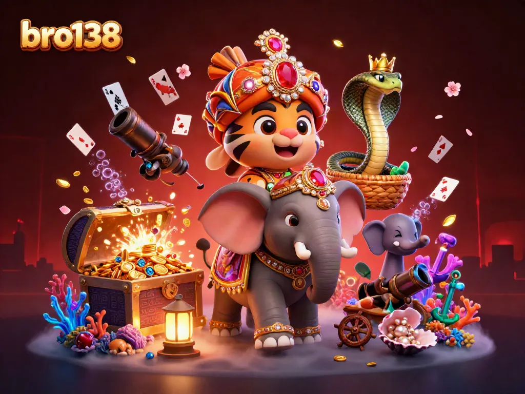 Play thrilling games at bro138 with vibrant casino-themed illustration featuring rich characters and elements.