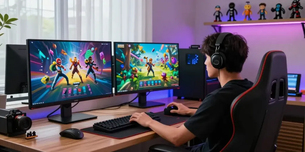 PESGSLOT user enjoying an immersive gaming experience in a modern setup with vibrant visuals.