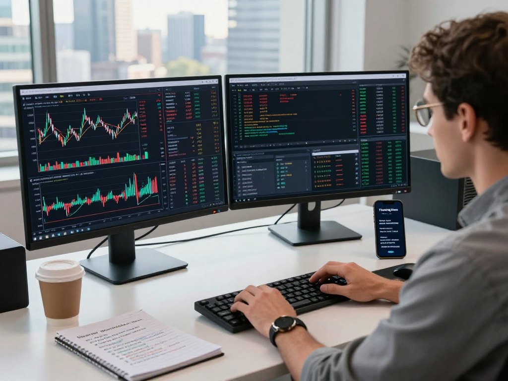 在TradingView官网上，交易者在专业工作空间中分析市场数据，使用多显示器实时监控行情。
