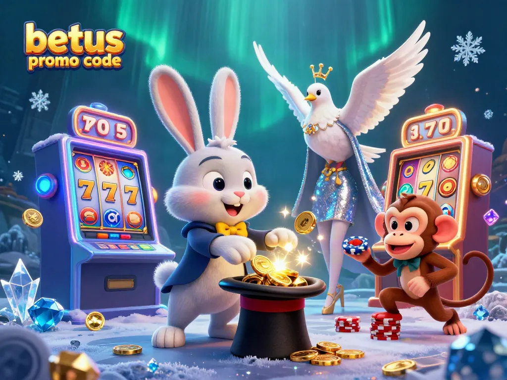 Get exclusive BetUS promo code offers while a magician rabbit pulls coins at a vibrant casino scene.