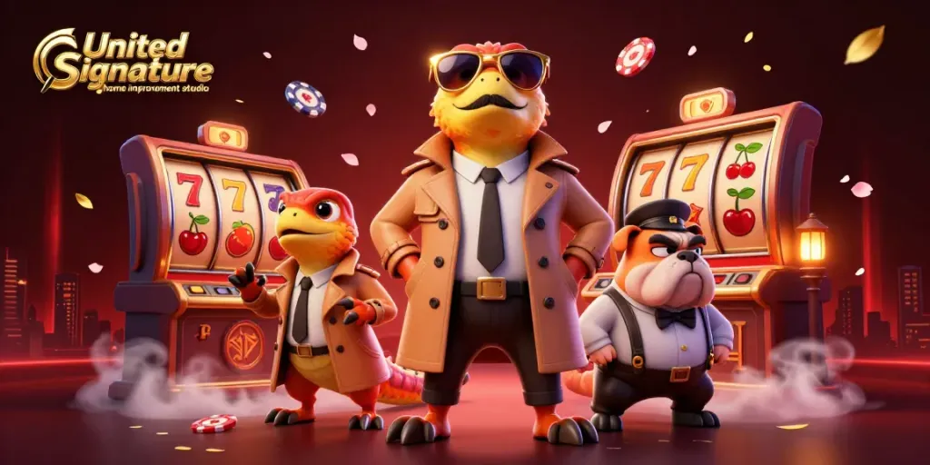 Engage with United Signature home improvement studio in a vibrant casino scene featuring playful raptors and dynamic gaming elements.