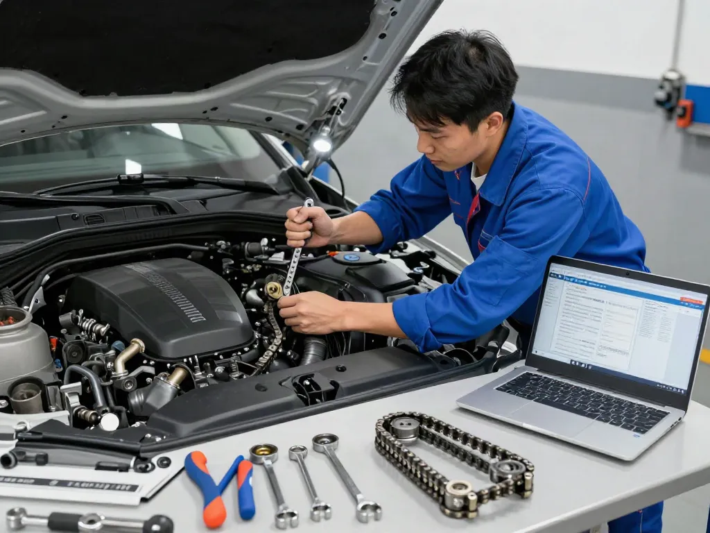 Mechaniker beim BMW Steuerkette wechseln in einer modernen Werkstatt.