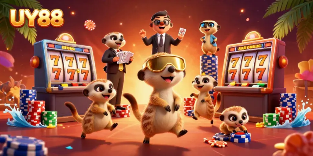 Experience the thrilling UY88 casino with meerkats in a vibrant slot and poker scene.