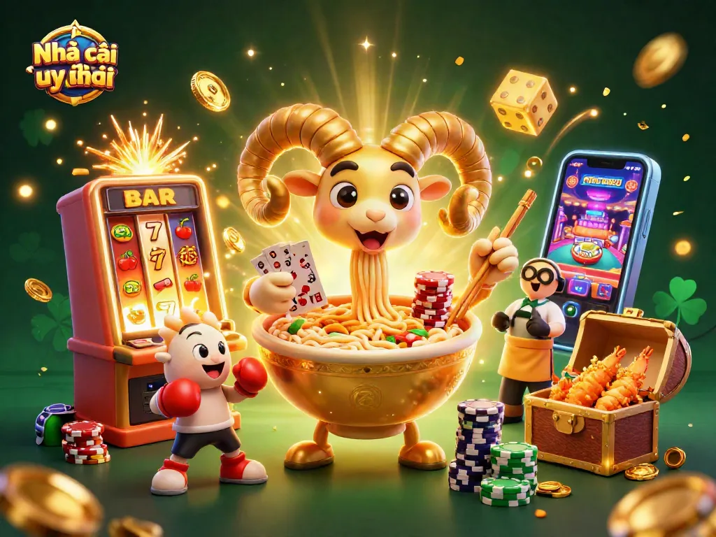 Win at Nhà cái uy tín with a fun 3D casino scene featuring characters and vibrant gambling elements.