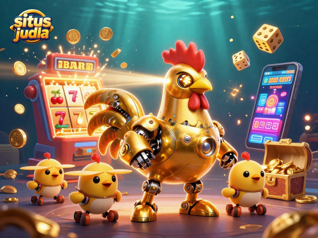 Engage with the fun situs judi bola scene featuring golden rooster robot and baby chick drones, surrounded by exciting casino elements.