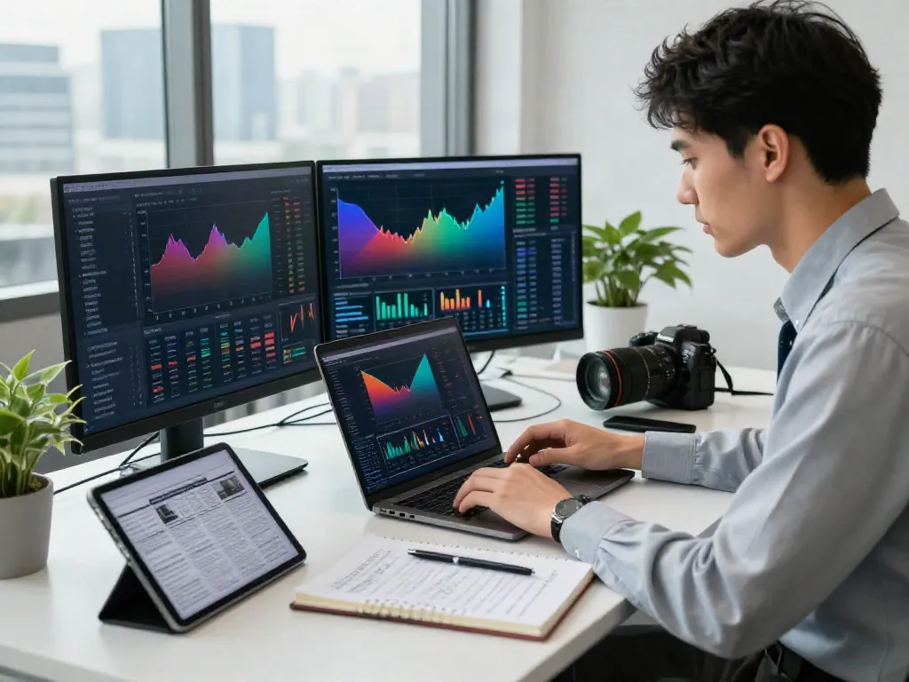Investor using FintechZoom.com for market analysis in a modern office.