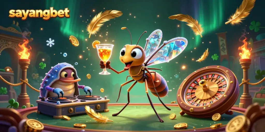Engage with the exciting atmosphere of sayangbet, illustrated with a lively casino scene featuring unique characters.