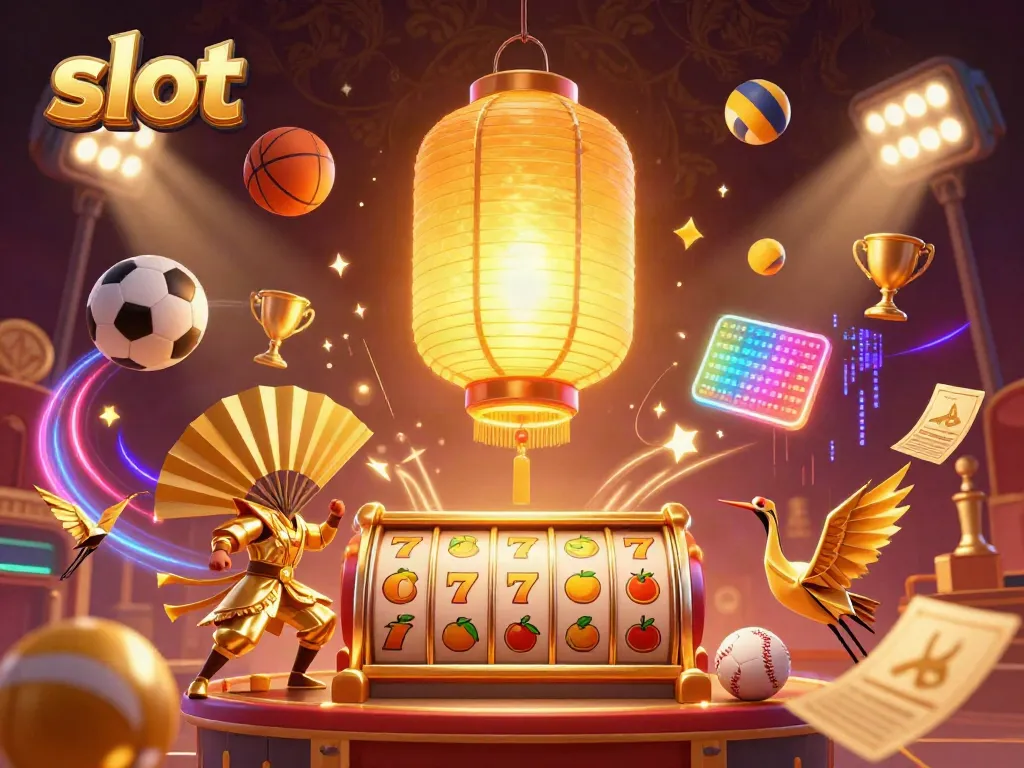 Slot yang menampilkan simbol keberuntungan dengan elemen kasino yang kaya warna.