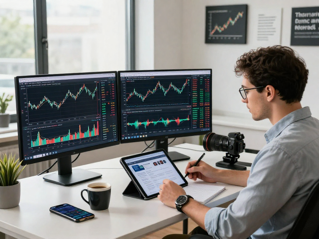 交易员在TradingView行情分析平台上实时分析多资产市场数据，现代化办公室环境